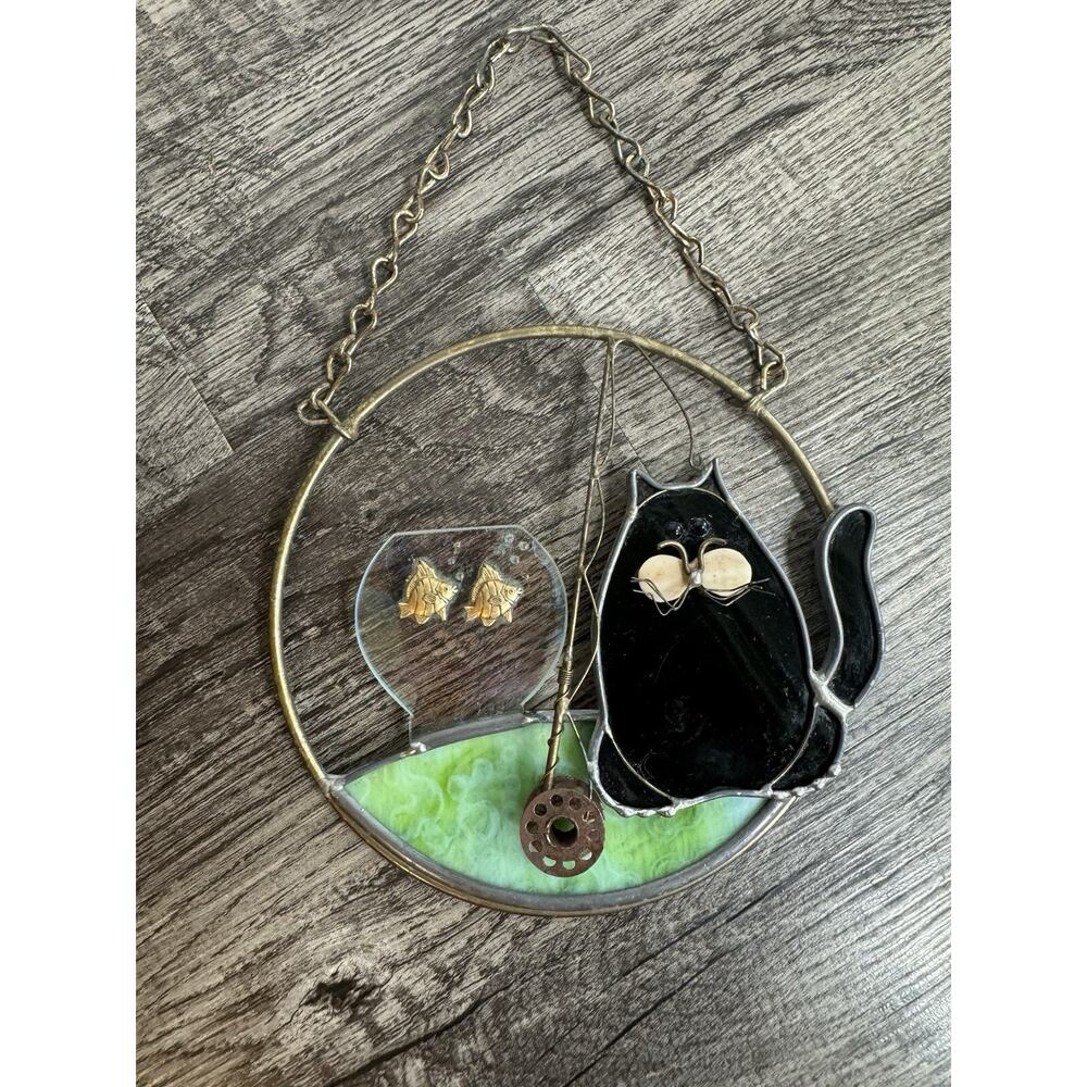 Primitive Black Cat Sun Catcher Stained Glass Window Fish Bowl Handmade 6 INCH - Picture 2 of 14